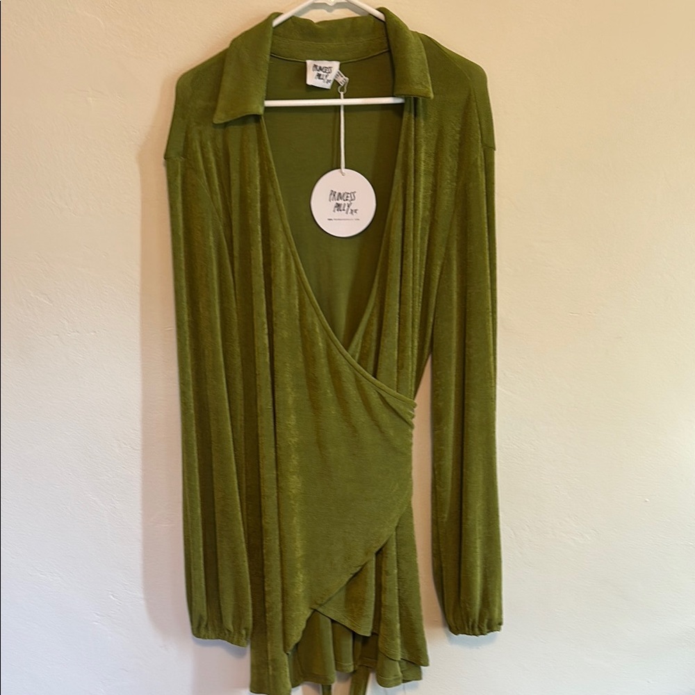Princess Polly Sage Green Long Sleeve Wrap Dress